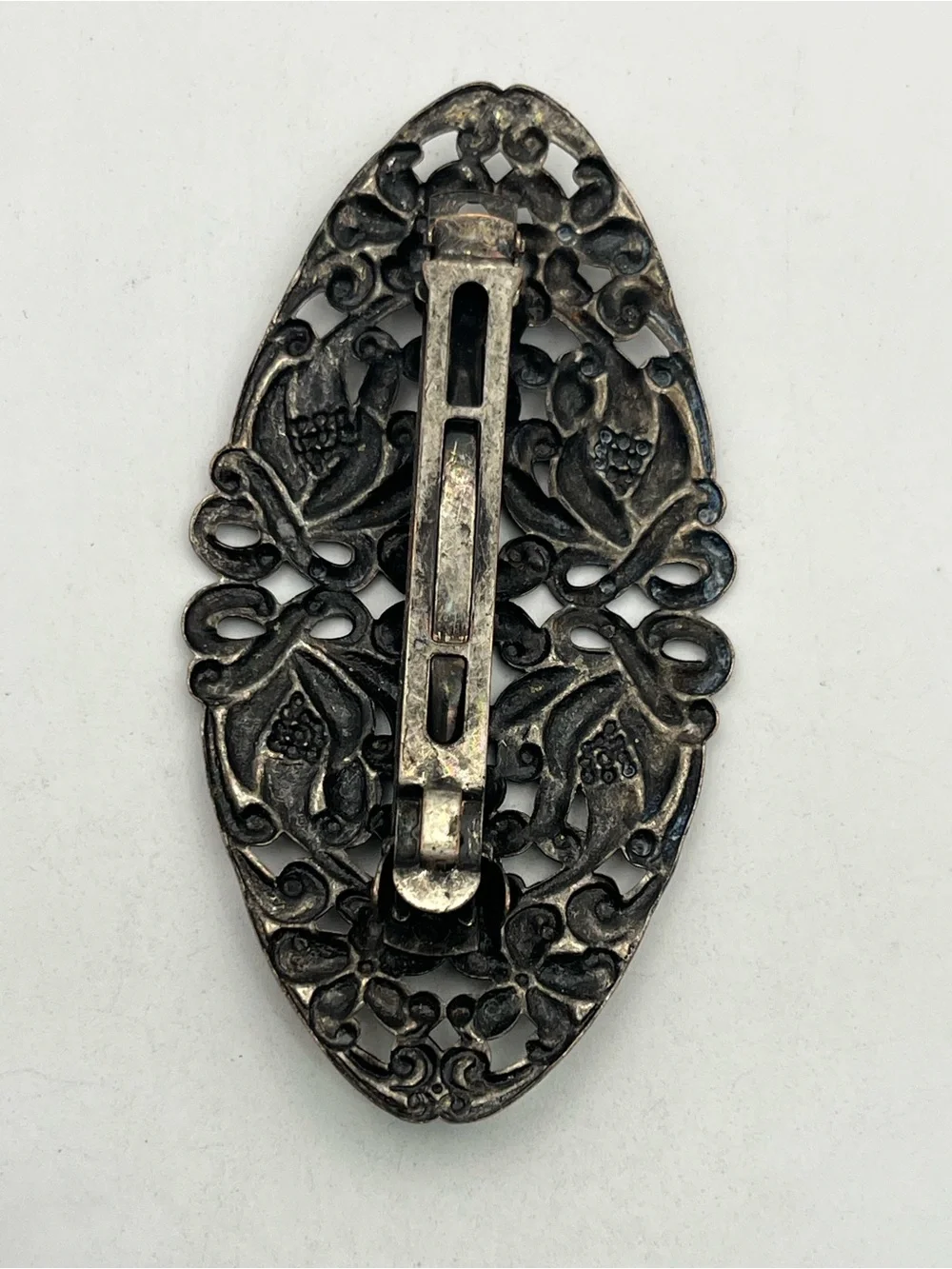 Art Nouveau style silver tone flower filigree oval hair clip barrette